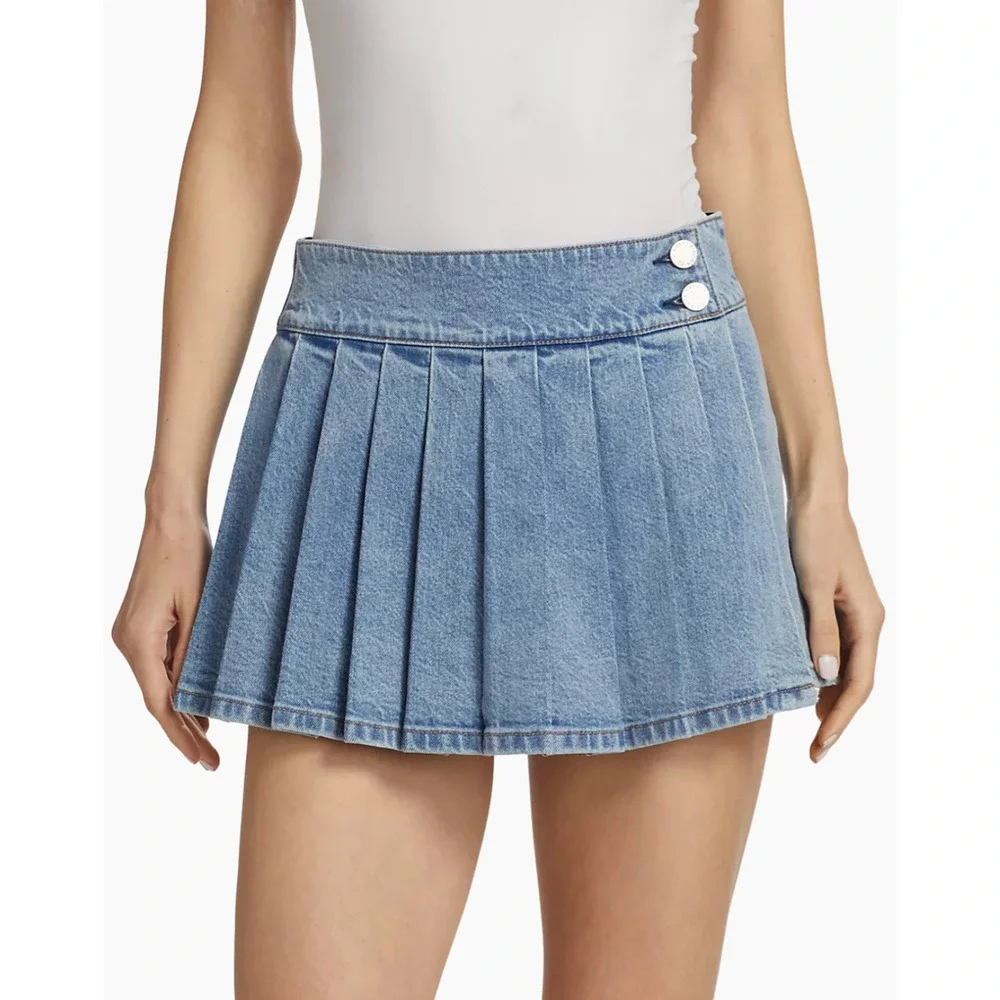 Alice + Olivia Noah Denim Pleated Miniskirt US 28 - Picture 2 of 11